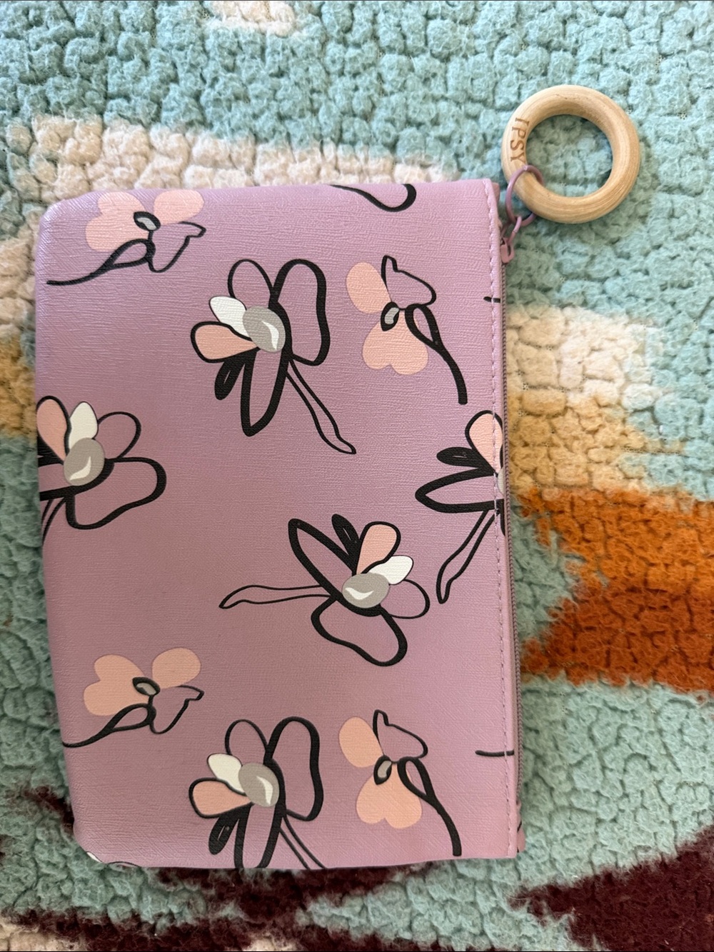 ipsy Lavender Floral Zip Pouch with Wooden Ring